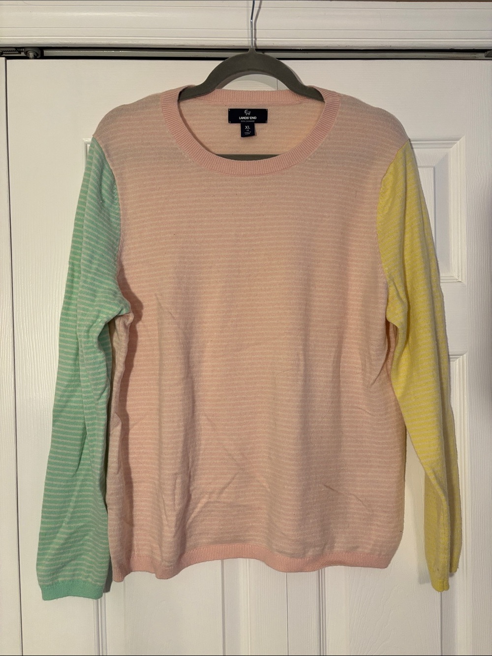 Lands' End 100% Cashmere Pastel Colorblock Sweater - Pink, Mint & Yellow